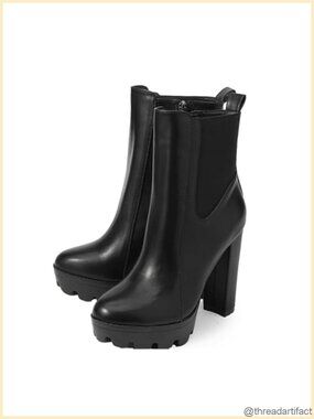 Platform Chunky High Heel Combat Booties Side Zipper Round Toe